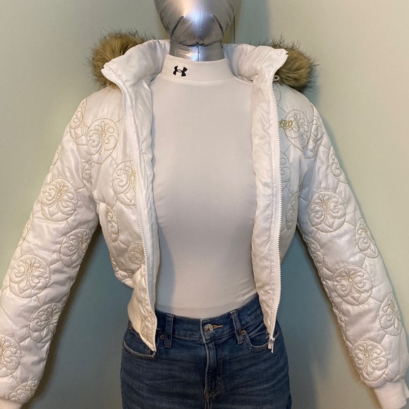 Dereon Cream Quilted Puffer Jacket with Faux Fur Hood - Picture 7 of 14